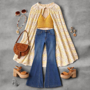 Vintage 60s 70s Yellow White Lace Skirt Cape Upcycle